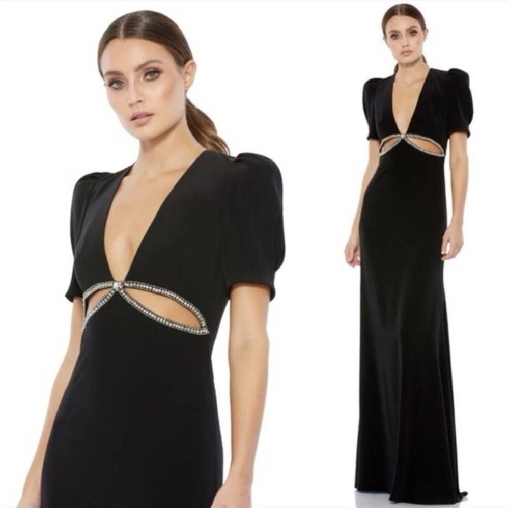 Mac Duggal Puff Sleeve Embellished Cut Out Black Gown 4 NWT